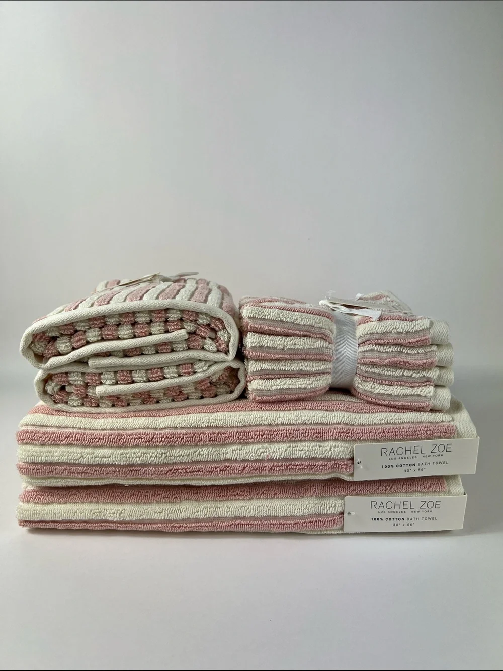 8 Pc Rachel Zoe Bath Towels Set Pink Cream Striped Soft 100% Cotton NEW